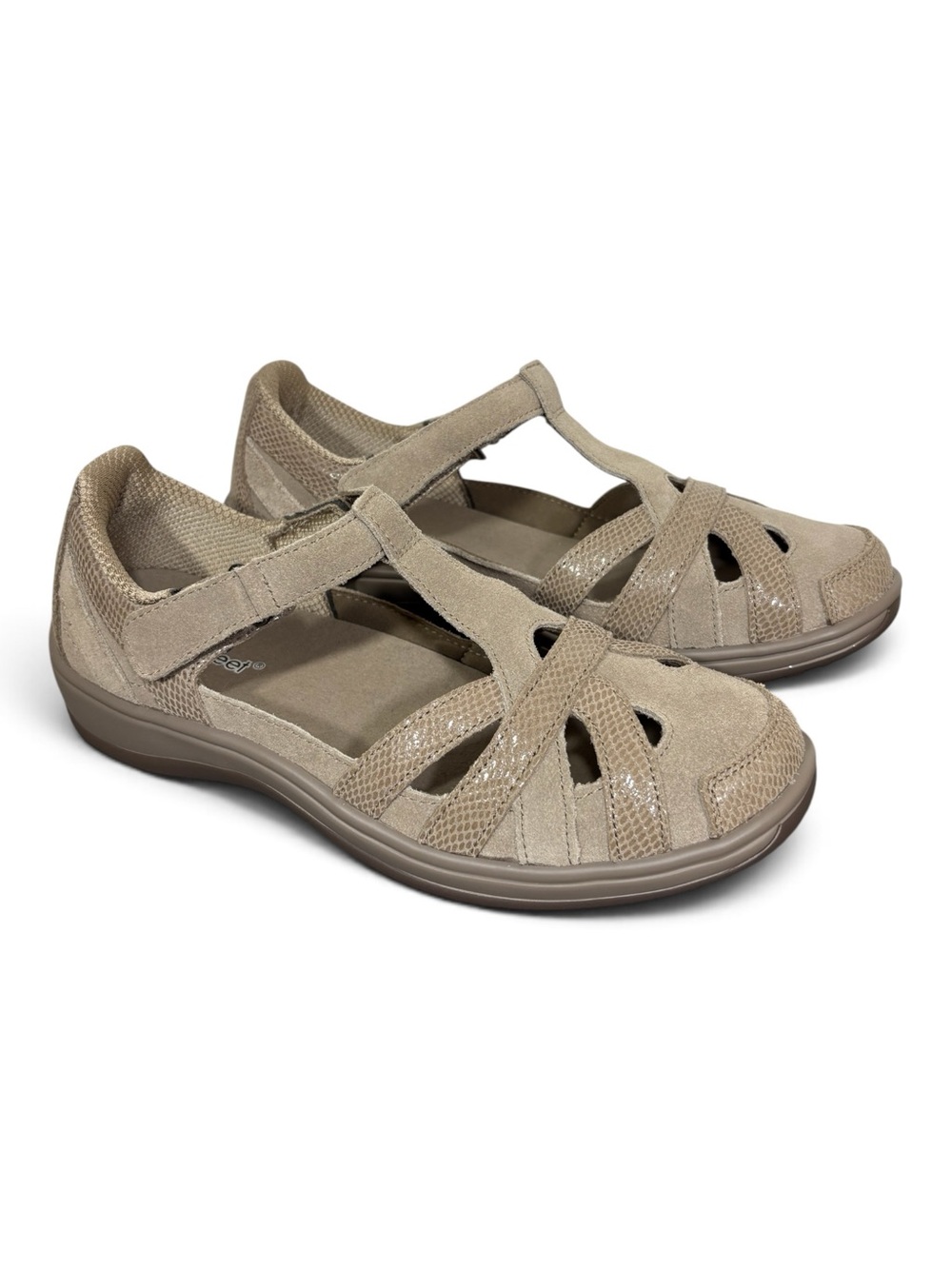 OrthoFeet Juno Taupe Hook-and-Loop Leather Sandals- woman’s 10 M